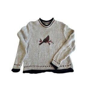 Christopher & Banks Cardinal Embroidered Sweater Tan Red Winter Holiday Medium